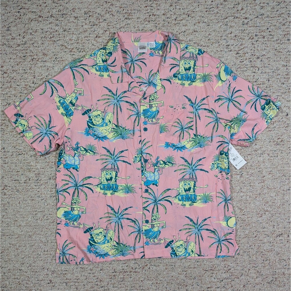 SpongeBob Hawaiian Shirt Mens XL Rayon Short Sleeve Pink Cartoon Button-Up NWT